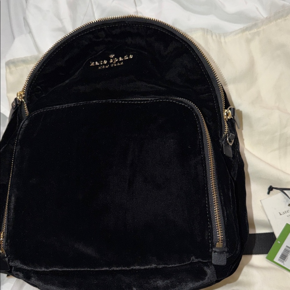 Kate Spade Black Velvet Backpack with Gold Accents